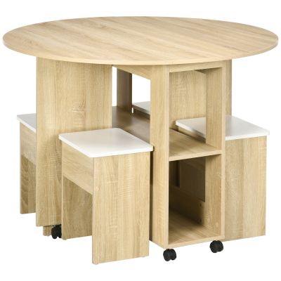 Set Masa si Scaune 5 Piese din PAL, Masa Rotunda cu 2 Rafturi Deschise si 4 Taburete Moderne