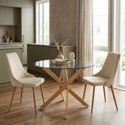 Set Mobilier Dining cu Scaune Azori Beige și Masă de Sticlă Antoro, Sticlă/Metal, 80x75 cm, 3 piese