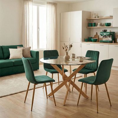 Set Mobilier Dining cu Scaune Noor Cypress și Masă Antoro cu Blat din Sticlă, Metal și Sticlă, Masă D100x75 cm, Set 5 Piese