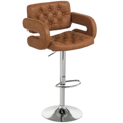 Taburet de Bar cu inaltime Reglabila, Scaun inalt din PU cu Spatar, Suport pentru Picioare, Cotiere si sezut Moale, Structura din Otel, Rotativ la 360
