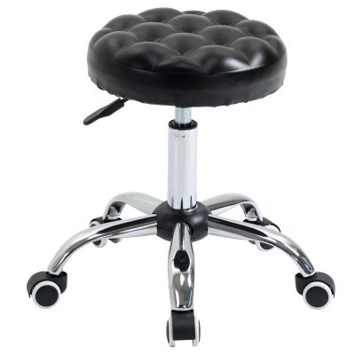 Taburet Reglabil pe Inaltime cu 5 Roti Pivotante, din Otel, Spuma de Cauciuc si Imitatie de Piele, Ф48x47-59lcm, Negru