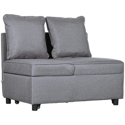 Fotoliu Pat 3 in 1 cu Spatar Reglabil, din Material Textil cu Efect de In si Lemn, 98x71x67 cm, Gri inchis