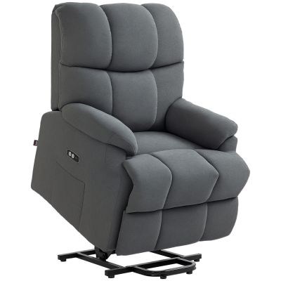 Fotoliu reclinabil pentru ridicare, cu suport pentru picioare, din material textil cu efect de in, 84x96x100 cm, gri inchis