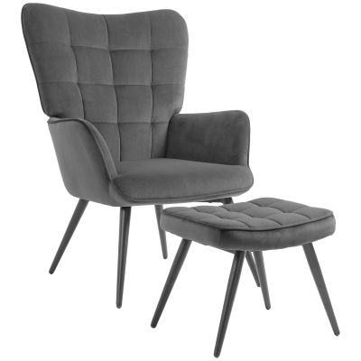 Fotoliu Tapitat pentru Interior cu Brate si Taburet Integrat, Fotoliu pentru Sufragerie din tesatura cu Efect de Catifea, 73x77.5x98 cm, Gri inchis