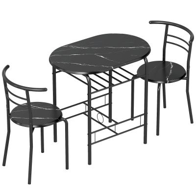 HOMCOM Set de luat masa 3 piese, masă de bucătărie și scaune pentru 2 persoane cu raft, living, aspect marmorat negru | Aosom Romania
