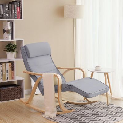 Scaun balansoar reglabil in 5 pozitii, Songmics, 67x125x91 cm, max 150 kg, lemn de mesteacan/bumbac, gri deschis