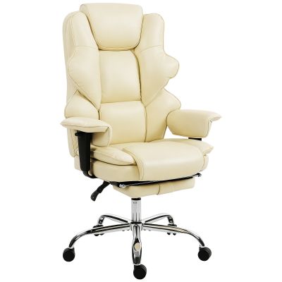 , Scaun de Birou, Cu Suport pentru Picioare si Tetiera, din Piele PU, Spuma si Metal, 76x73x117-125 cm, Crem