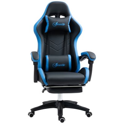 Scaun de gaming din piele ecologica PU si otel cu inaltime reglabila si spatar inclinabil, 65x65x121-129 cm, albastru si negru