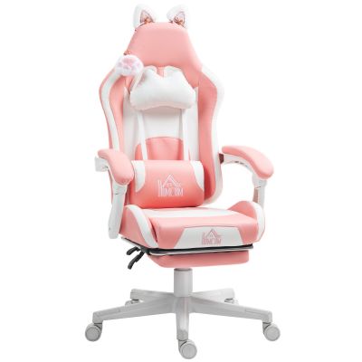 Scaun de Gaming Ergonomic cu Urechi de Pisica, Suport pentru Picioare, Suport Lombar si pentru Gat, Roz