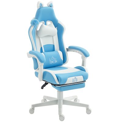 Scaun de gaming reclinabil cu suport pentru picioare si perne, 65x62x124 cm, alb si albastru