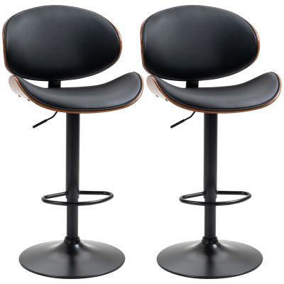 Set 2 Scaune de Bar cu Spatar Reglabile pe inaltime, Lemn si Piele Ecologica, 53x52x92-112 cm, Negru