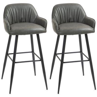 Set 2 Scaune de Bar din Piele Ecologica PU, Scaune inalte cu Suport pentru Picioare, 52x53x99 cm, Gri inchis