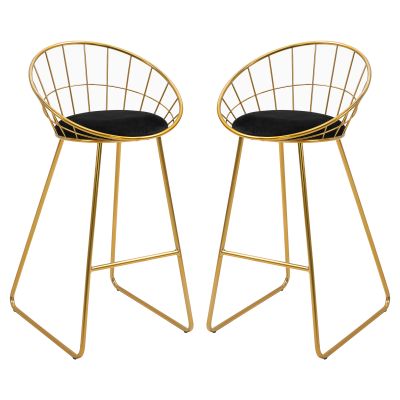 Set 2 Scaune Inalte, Suport pentru picioare, Perna de catifea, Poliester Metal, 52.5x47x97cm, Negru Auriu