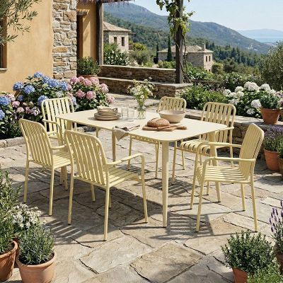 Set 7 masa si scaune gradina, Heven Vista, Champagne, 80x150x72 cm