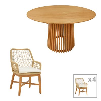Set de masa pentru dining Elaiza-Kenda 5 piese din lemn de teak, Natural, D120x75 cm