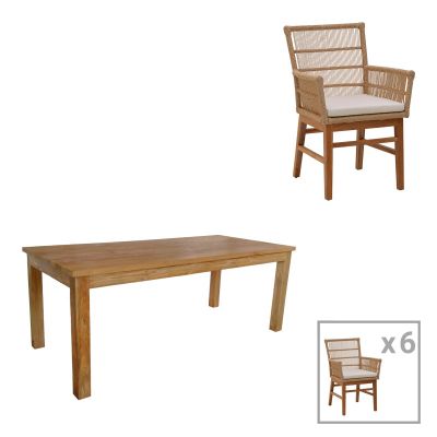Set dining Inca-Wooly, 7 piese, Bej-Natural, 220x90x75 cm