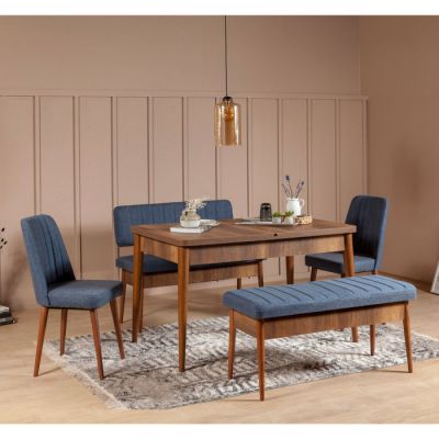 Set masa extensibila si scaune VINA, 5 piese, nuc + albastru inchis, 165x80x75 cm