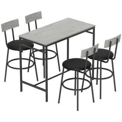 Set masa inalta si 4 scaune de bar cu spatar si suport pentru picioare, stil industrial, gri ciment