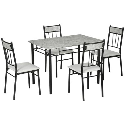 Set masa si scaune 5 buc, masa dreptunghiulara din metal si MDF si 4 scaune de sufragerie cu scaun tapitat cu spuma si poliester
