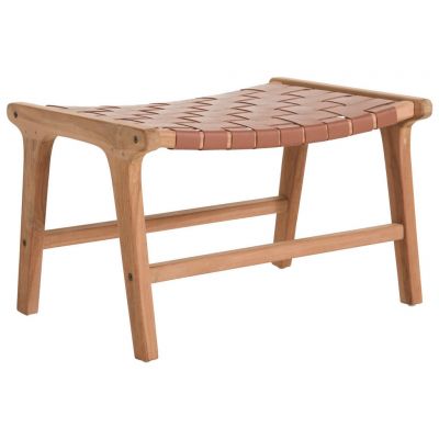 Taburet din lemn, piele, maro, culoare natur