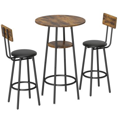 HOMCOM Set masă înaltă industrial cu 2 taburete tapițate, suporturi pentru picioare, cadru metalic, masă de bucătărie cu raft, Maro rustic | Aosom Romania