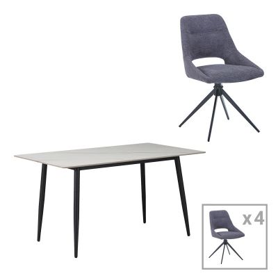Masa de dining Gustas-Luciano I set de 5 piese marmura Alb piatra sinterizata-metal, negru, 120x60x75 cm
