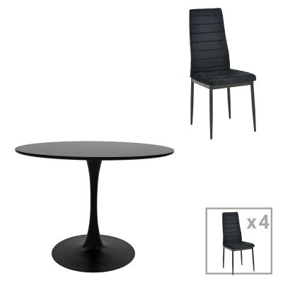 Masa de dining set 5 piese Balou-Parker, Negru, metal și Lemn, D120x73 cm