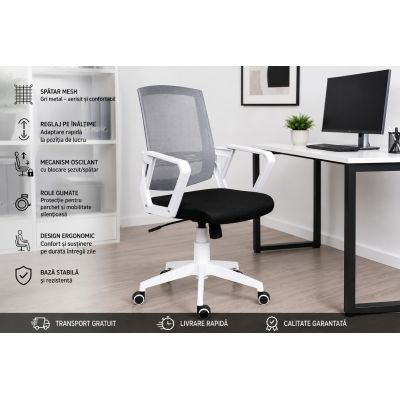 Scaun Office Ergonomic Alb-Negru cu Brate si Spatar Aerisit