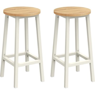 Set 2 scaune bar inalte, sezut rotund, cadru din otel, inaltime 65 cm, stil industrial, stejar bej