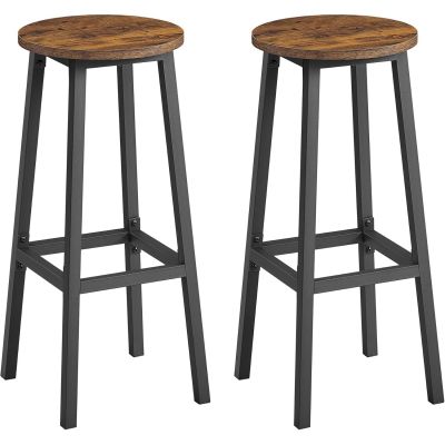Set 2 scaune bar inalte, sezut rotund, cadru din otel, inaltime 74 cm, stil industrial, maro rustic si negru