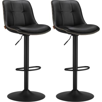 Set 2 scaune bar reglabile pe inaltime, rotative 360A , cu spatar si suport pentru picioare, tapiterie PU, 44x38x(90-112) cm, negru
