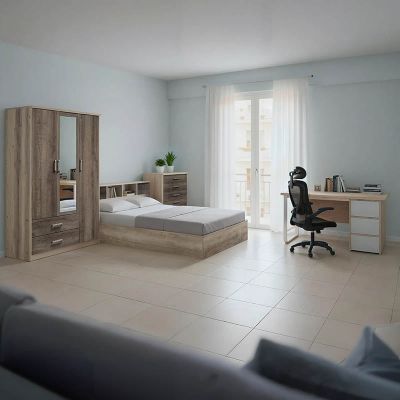 Set mobilier complet pentru studenti Intermission, lemn si metal, 5 piese cu scaun ergonomic, pat 90x200 cm + birou 120x60 cm + dulap 80x180 cm + noptiera 40x50 cm