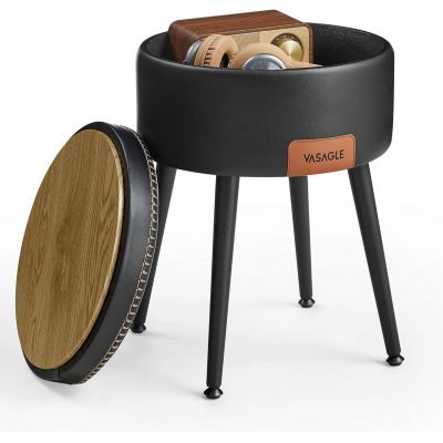 Taburet cu spatiu de depozitare si blat reversibil Ekho, Vasagle, Ø32 x 44 cm, max 150 kg, piele ecologica/otel, negru