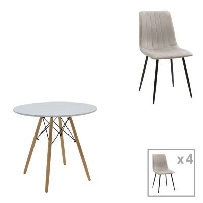 Masă de sufragerie set 5 piese Julita Noor, Lemn, Alb-Gri, D80x76 cm - Gri