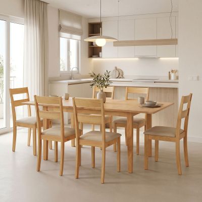 Set masa si scaune Dallan Country, Lemn rubberwood, Natural, 150x80x74 cm - Natural