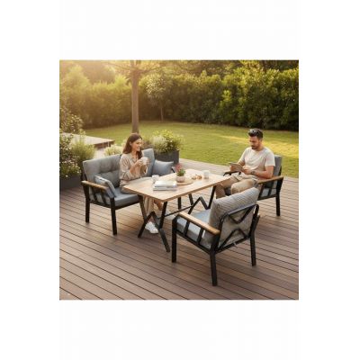 Set mobilier de gradina, Hanah Home, Nergiz 2+1+1, Metal, Alb/Negru