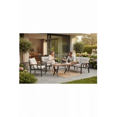 Set mobilier de gradina, Hanah Home, Nergiz 2+1+1, Metal, Crem/Negru