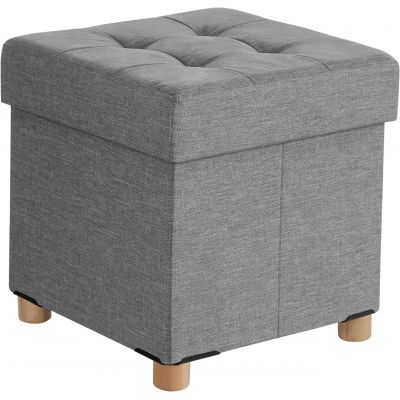 Taburet cu spatiu pentru depozitare Chesterfield, Songmics, 38 x 38 x 40 cm, tesatura aspect in/MDF, picioare din lemn, gri deschis