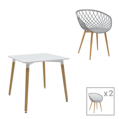 Set de 3 buc mese Ezra Natali, MDF gri alb cu picioare Naturale, 80x80x76 cm - Alb