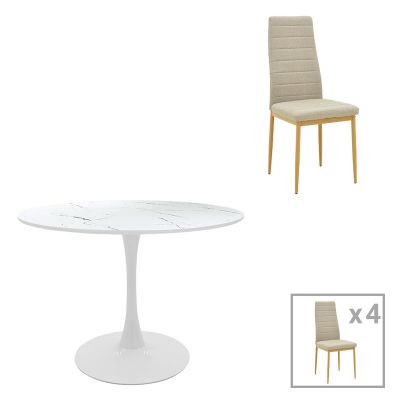 Set de 5 Piese Masă de sufragerie Rotunda cu Functie Balou-Parker/metal, Diametru 100cm x Înaltime 73cm, Alb-Bej, 100x100x73 cm - Alb