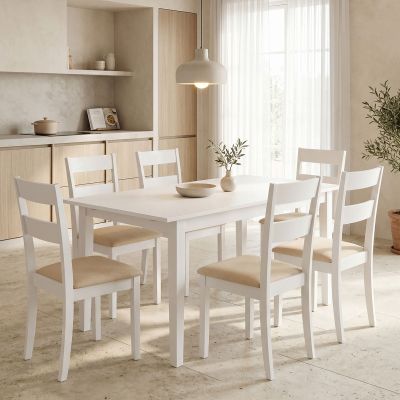 Set masa si scaune Dallan Mabor, Lemn rubberwood, Alb, 150x80x74 cm - Alb