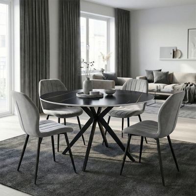 Set mobilier de sufragerie cu Scaune Gri Jelour și Masă Rotundă Neagră Orbital, Metal și Lemn, D120x H76, Set 5 Piese, 120x120x76 cm - Multicolor