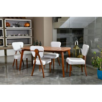 Masă cu scaune 5 bucăți Tia Wooden, Nuc - Crem, 47x45x92 cm - Nuc - Crem