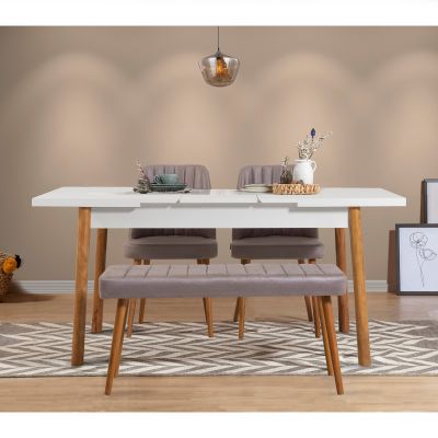 Masă extensibilă cu scaune 4 bucăți Santiago White Atlantic-Soho Grey, Pin atlantic - Alb - Gri, 120x75x77 cm - Alb - Gri - Natural