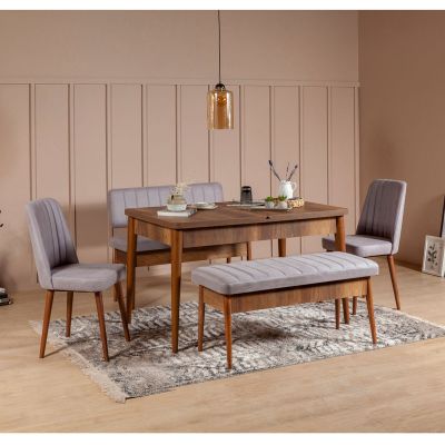 Masă extensibilă cu scaune 5 bucăți Vina Walnut Soho Grey, Nuc - Soho, 130x80x77 cm - Nuc - Gri
