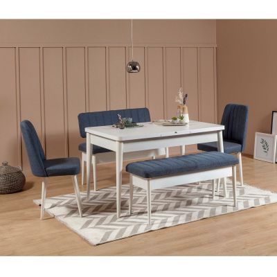 Masă extensibilă cu scaune 5 bucăți Vina White Dark Blue, Alb - Albastru închis, 130x80x77 cm - Alb - Albastru