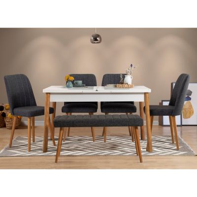 Masă extensibilă cu scaune 6 bucăți Santiago 1053 - 2 AB, Pin atlantic - Alb - Antracit, 120x75x77 cm - Natural - Alb - Antracit