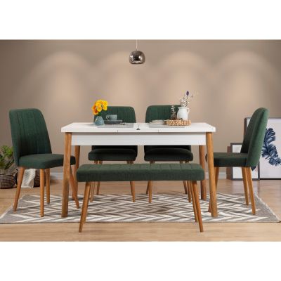 Masă extensibilă cu scaune Santiago, Diverse culori, Diverse configurații, 120x75x77 cm - Pin atlantic - Alb - Verde / 6 bucăți