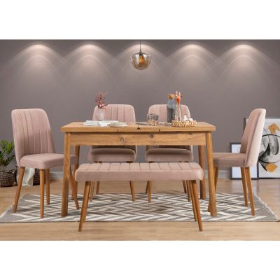 Masă extensibilă cu scaune Santiago, Diverse culori, Diverse configurații, 120x75x77 cm - Pin atlantic - Piatră / 6 bucăți