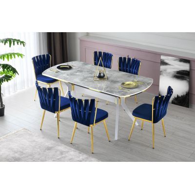 Set 2 scaune Kuşaklı - 209 V2, Auriu - Bleumarin, 43x43x82 cm - Auriu - Albastru